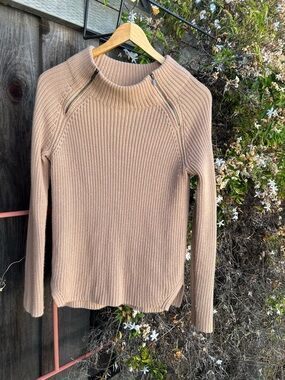 Banana Republic Camel Ribbed Zip-Shoulder Turtleneck Sweater
